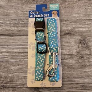 Brooklyn Pet Gear Light Blue Bone Printed Collar and Leash Set Size Medium